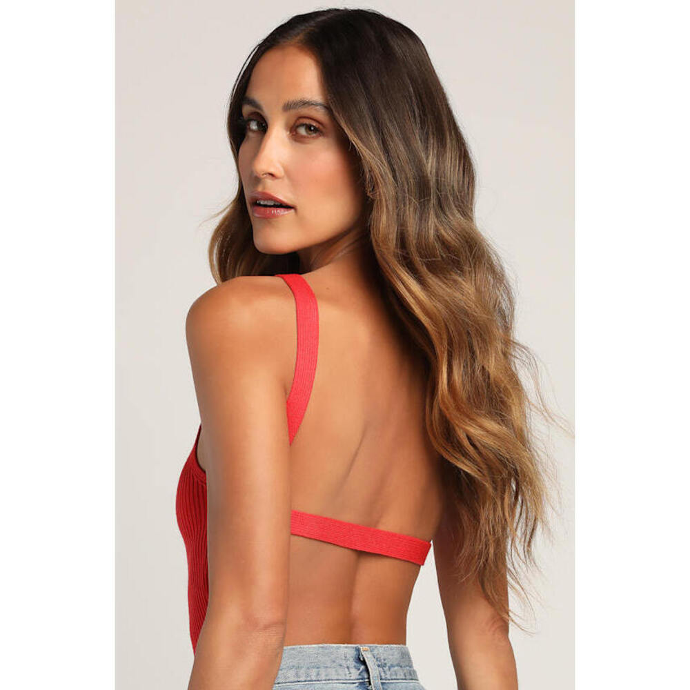 Lulus Pique Your Interest Red Ribbed Backless Bodysuit - Size S